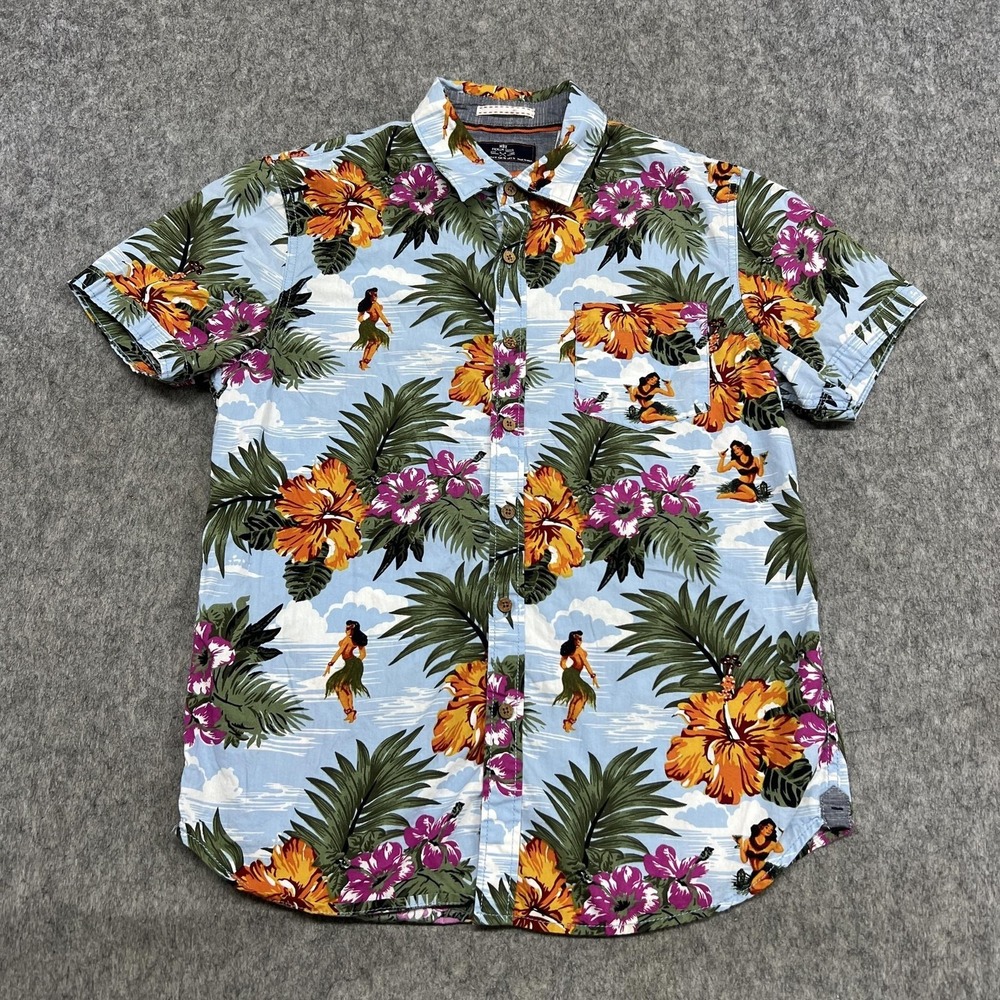 MBX Shirt Mens M Blue Hawaiian Hula Floral Short Sleeve Button Cotton Aloha